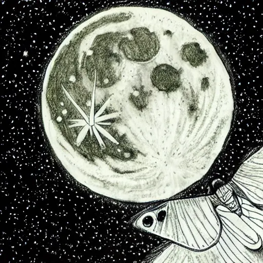 Image similar to a lunar moth flying in front of the full moon, pen drawing by Kentaro Miura