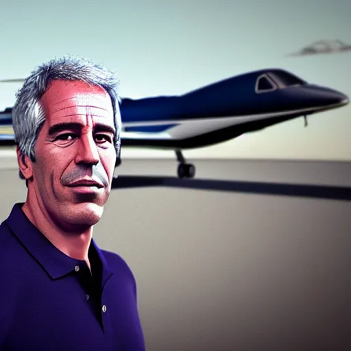 Image similar to aesthetic illustration of jeffrey epstein, wearing a dark blue polo shirt, standing by his bombardier private jet on an empty runway at dusk, cinematic lighting, high detail, volumetric lights, rule of thirds, unreal engine 5 render, pinterest wallpaper, trending on artstation