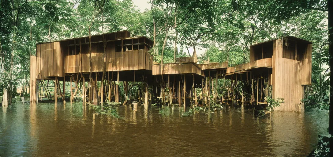 Prompt: stilt house designed by im pei. fujinon premista 1 9 - 4 5 mm t 2. 9. portra 8 0 0.