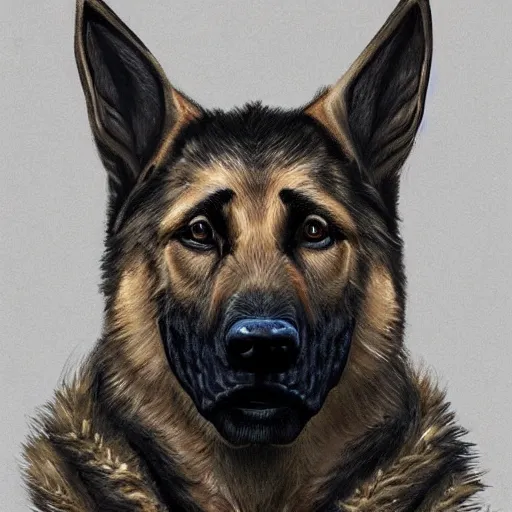 Image similar to a wounded humanoid german shepherd beast - man in military style, sitting on the bed, highly detailed portrait, digital painting, artstation, concept art, smooth, sharp foccus ilustration, artstation