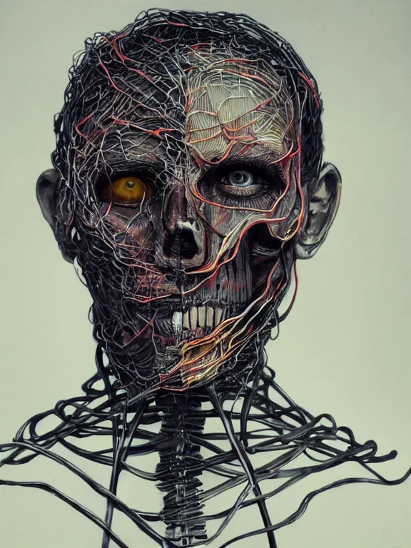 Prompt: art portrait of skeleton made of twisted steel wire ,8k,by tristan eaton,Stanley Artgermm,Tom Bagshaw,Greg Rutkowski,Carne Griffiths,trending on DeviantArt,face enhance,hyper detailed,minimalist ,full of colour,