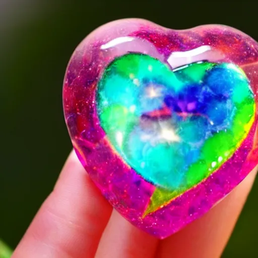 Prompt: crystal in the shape of a heart, hyper realistic, colorful,