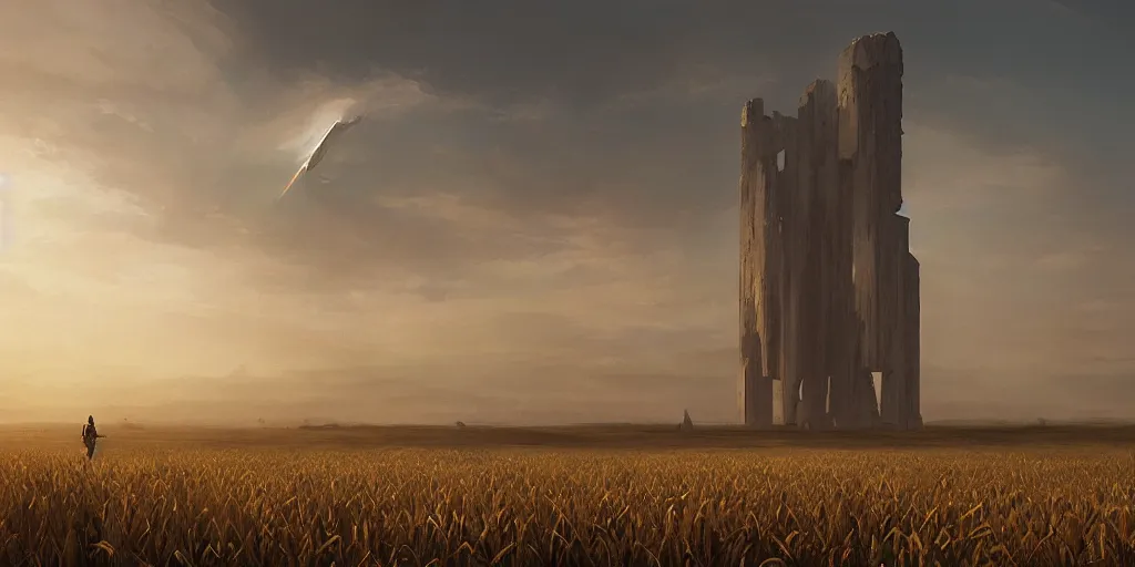 Image similar to wide shot of a tall and thin monolithic structure hovering in the air high above a cornfield, late afternoon, golden hour, highly detailed, smooth, sharp focus, concept art by greg rutkowski and ruan jia