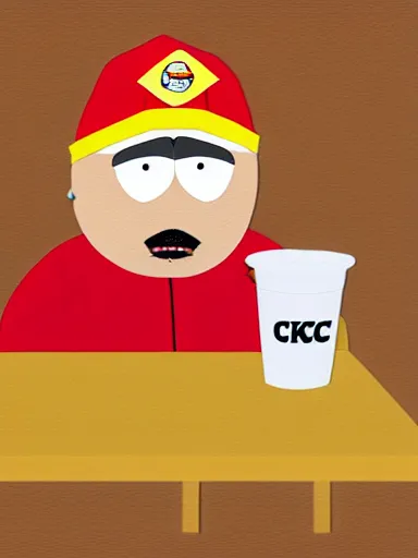 Image similar to portrait of scarface as cartman from south park, holding a bucket of kfc, a line of gravy on the desk in front of him, collage, paper cutout, flat design, papercraft