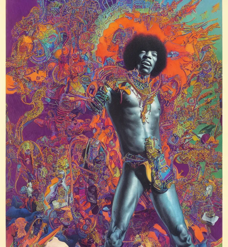 Prompt: colourful afrofuturist biomorphic, jimi hendrix full body, by pascal blanche and moebius and roger dean and giger and arthur rackham and syd mead and james jean and beksinski and greg hildebrandt, 8 k