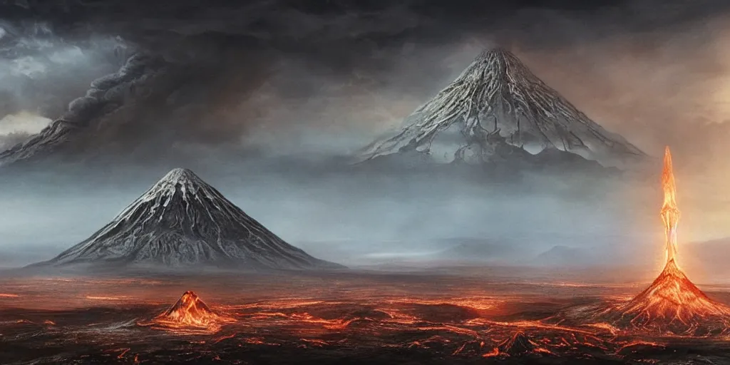 Prompt: lord of the rings movie still, directed by ridley scott in the style of h. r. giger, landscape of mordor with mount doom erupting in the background and barad - dur in the foreground, dark, cinematic, cinemascope