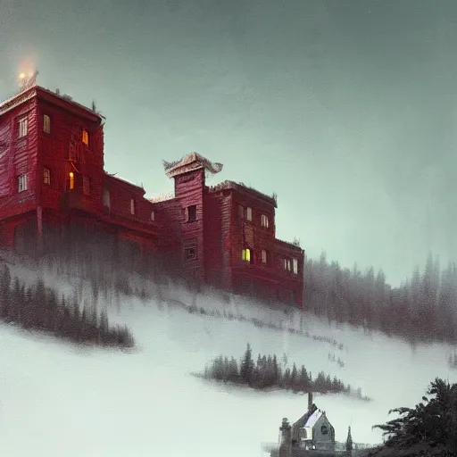 Prompt: a beautiful picture of the red lodge by Greg Rutkowski and David Lynch, trending on Artstation