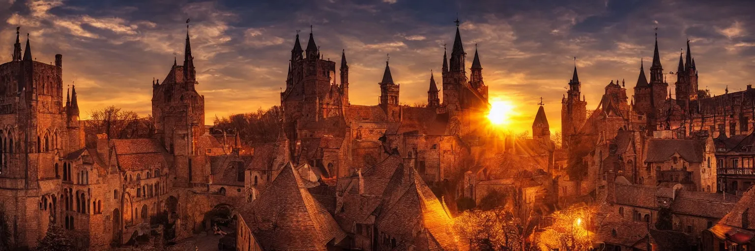 Prompt: beautiful medieval city, golden hour, sunset, elden ring, cinematic