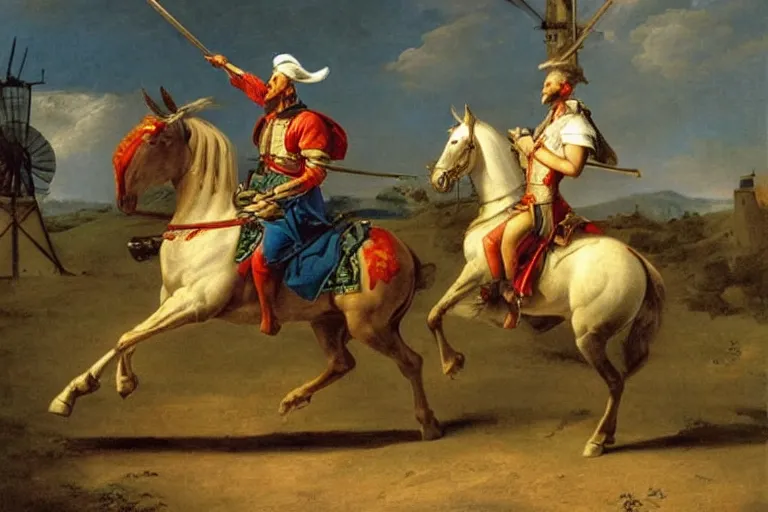 Prompt: A beautiful oil painting of Don Quixote on horse fighting a windmill by Jacques-Louis David.