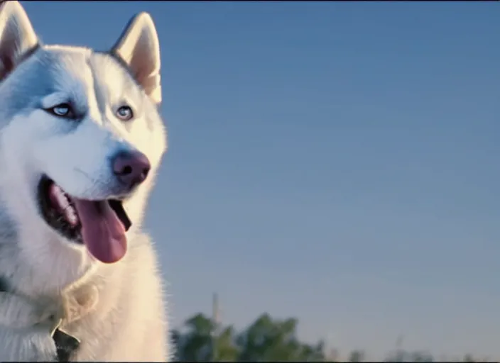 Image similar to film still of an anthropomorphic standing upright man dog white vested husky!!!!!! in a white vest wearing a white vest!!!!! in the new sci - fi movie, 8 k