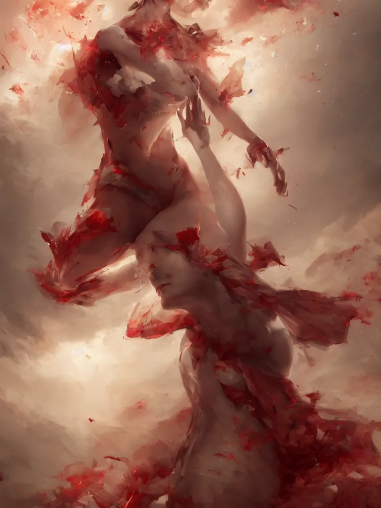 Image similar to expressive full body photo beautiful nymph floating above the permafrost in a cloud of red ether, 3 d render, hyper realistic detailed portrait, ruan jia, wlop. scifi, fantasy, hyper detailed, decolletage, confident pose, octane render, concept art, peter mohrbacher