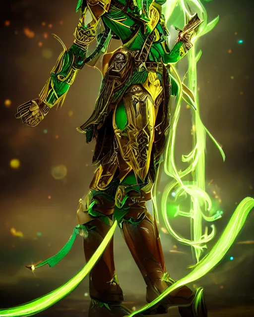 Prompt: a beautiful elf ranger with long hair and green eyes, no helmet, wearing green and gold futuristic mecha armor, with ornate rune carvings and glowing lining, very detailed, shot in canon 50mm f/1.2