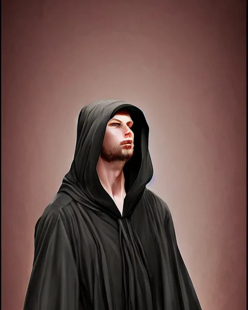 Image similar to digital art portrait of a young man in dark robes, hooded, made by WLOP, WLOP