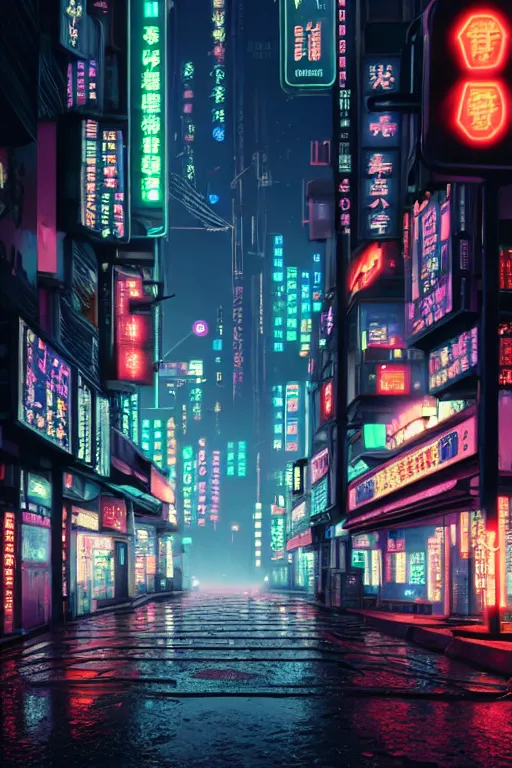 Image similar to isometric view of a cyberpunk neo-Tokyo street with illuminated signs and wet pavement, by Andrei Riabovitchev, Shaun Tan, Peter Mohrbacher and Takayuk, cinematic, realistic, intricate detail, finely detailed, small details, extra detail, photorealistic, high resolution, 3D, PBR, path tracing, volumetric lighting, octane render, arnold render, 8k
