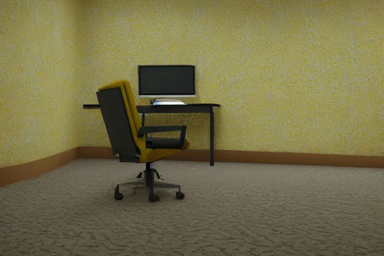 Prompt: 3 d render of jerma 9 8 5, jerma in endless halls of office space with worn light mono - yellow 7 0 s wallpaper, old moist carpet, and inconsistently - placed fluorescent lighting | liminal space | non - euclidean space | high octane | blender | 3 d render