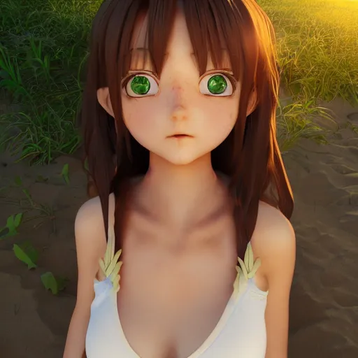 Prompt: Render of a cute 3d anime girl, long bronze brown hair, green eyes, cute freckles, full round face, soft smile, cute sundress, golden hour, serene beach setting, medium shot, mid-shot, hyperdetailed, trending on Artstation, Unreal Engine 4k