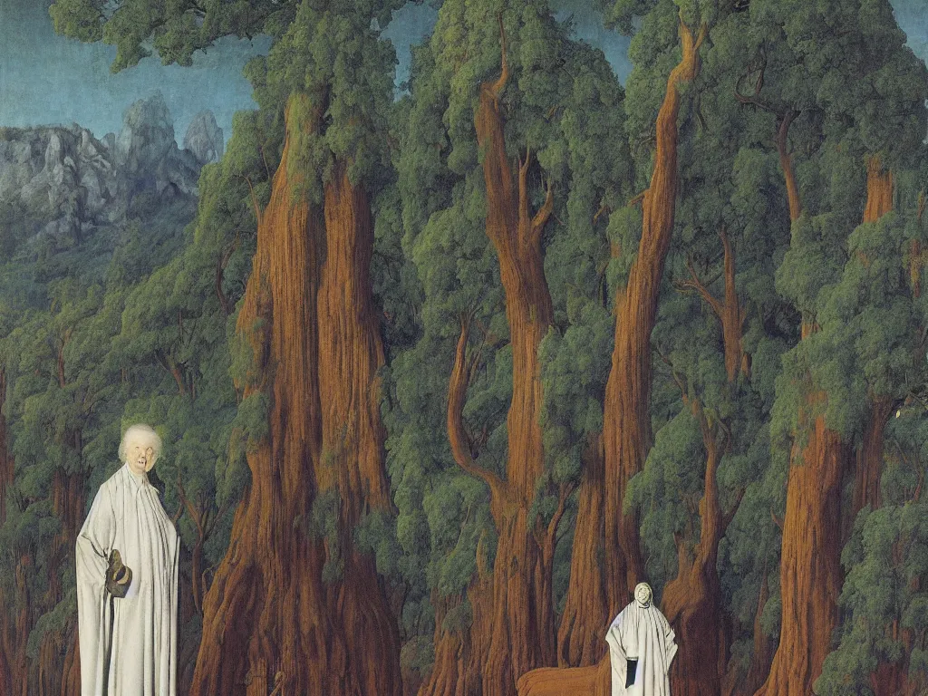 Image similar to albino mystic, with his back turned, with wild exotic Cabezon looking at a giant Sequoia forest in the distance. Painting by Jan van Eyck, Audubon, Rene Magritte, Agnes Pelton, Max Ernst, Walton Ford