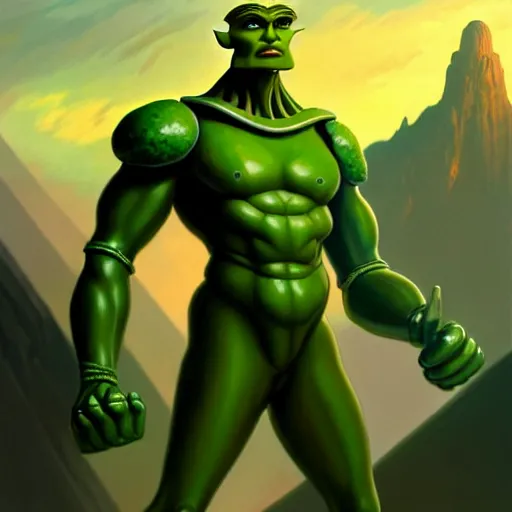 Image similar to a picture of a green giant humanoid with his fist up with futuristic brown suit with helmet, background ancient alien landscape, low angle, trending on deviantart, fantasy, intricate, highly detailed, lifelike, photorealistic, digital painting, artstation, illustration, concept art, smooth, sharp focus, artwork by frank frazetta
