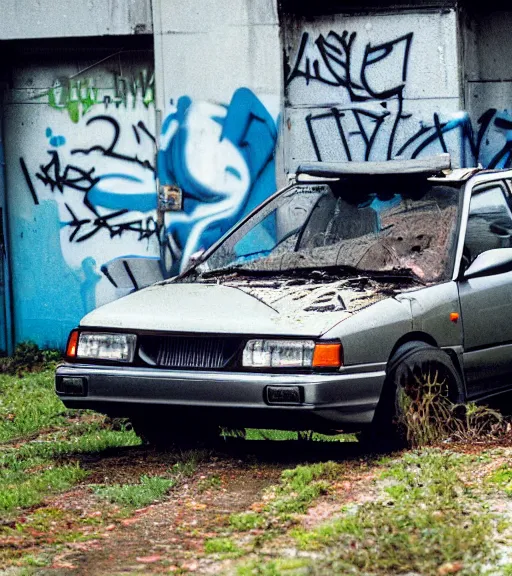Prompt: crashed 1993 subaru impreza, abandoned in a derelict alleyway, fog, rural, damage, graffiti