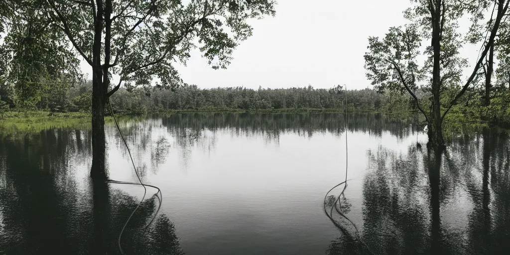 Image similar to symmetrical photograph of a very long rope on the surface of the water, the rope is snaking from the foreground stretching out towards the center of the lake, a dark lake on a cloudy day, trees in the background, anamorphic lens