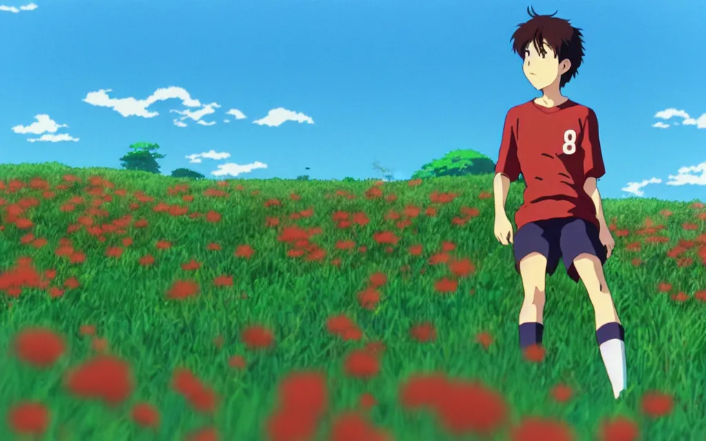 Image similar to a boy wearing a red soccer jersey day dreaming on a field of flower, beautiful bright blue sky. 35mm film. makoto shinkai, studio ghibli.