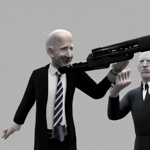 Image similar to adolf hitler shooting joe biden with a pistol, octane render, 4 k, hyper detailed.