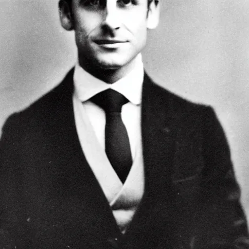 Image similar to photograph of emmanuel macron by edwardian, male, 1 9 0 0 s, 1 9 1 0 s, grainy, slightly blurry, faded, realistic face