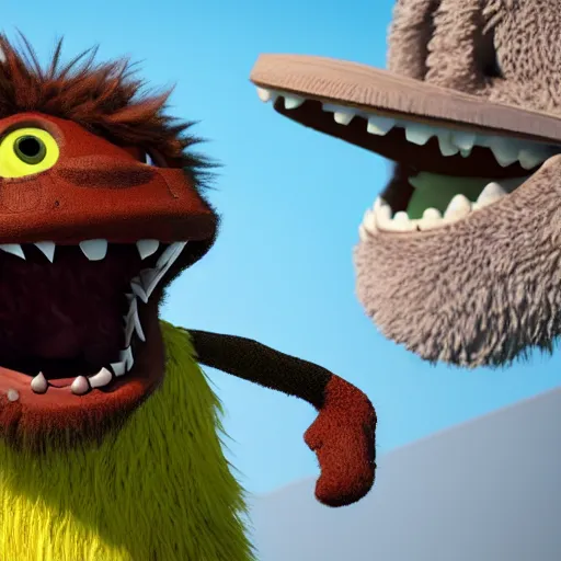 Prompt: a highly detailed photo of a friendly big hairy surprised monster with an open mouth full of sharp teeth standing awkwardly inside a midcentury home with an open door behind him and the sun shining through and sunbeams. | trending on artstation, pixar, unreal engine, sharp:5 | blurry, dof:-2