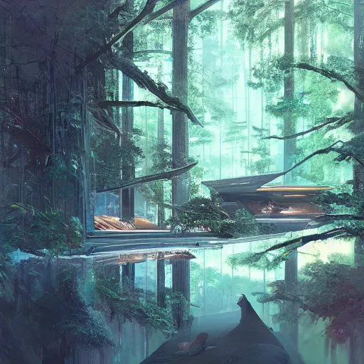 Prompt: A futuristic hotel in the forest with a river and animals around it ,Greg rutkowski, Trending artstation, cinematográfica, digital Art