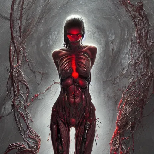 Image similar to Emily Ratajkowski is a bio mechanical cyborg, physically accurate, very dramatic dynamic lighting, intricate, very very elegant, blood red pool of water, highly detailed, digital painting, artstation, very hyperrealistic, HR GIGER, Hieronymus Bosch, Francis Bacon, concept art, smooth, sharp focus, illustration, art by artgerm and greg rutkowski and alphonse mucha