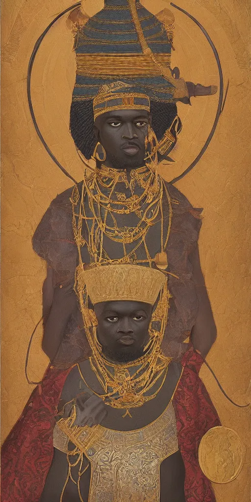 Image similar to a stunning and noble highly detailed romantic period style portrait of mansa musa by josep tapiro baro and harles sillem lidderdale, trending on artstation, oil painting masterpiece, symmetry, rule of thirds, mysterious, photorealistic, very very very aesthetic, african iconography