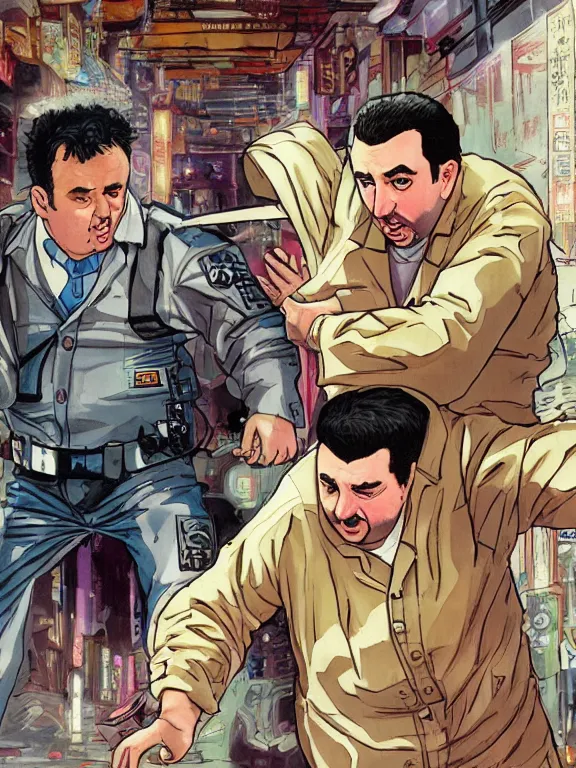 Prompt: rich evans defends mike stoklasa from a crackhead wookie in neo tokyo, hyperrealistic, 4 k, ultra detailed, intricate detail, photorealistic.