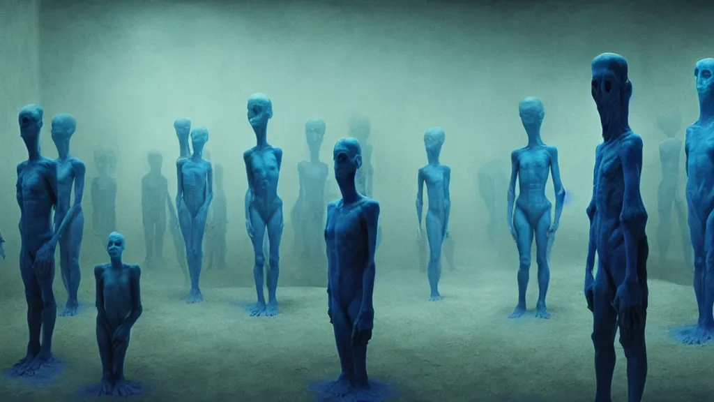 Prompt: the square creature in the basement, made of blue liquid, surrounded by worshipers, film still from the movie directed by denis villeneuve and david cronenberg with art direction by salvador dali and zdzisław beksinski, wide lens