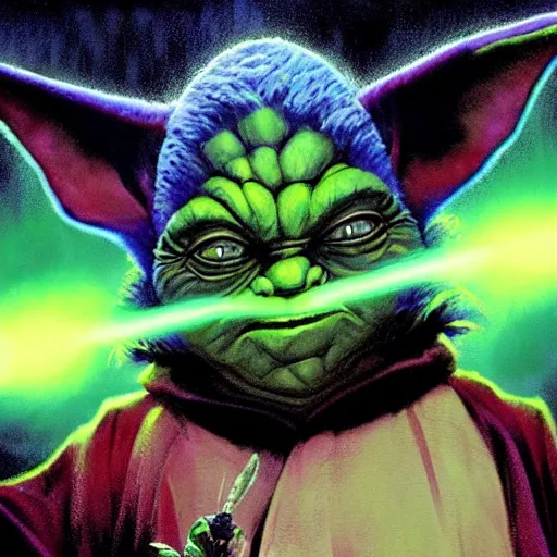 Prompt: portrait of angry evil yoda as a dark sith, overwhelming energy, detailed background by m. w. kaluta, dark side, volumetric lighting, colorful vapor, deep dark color, floating molecules, digital painting, oil painting, artwork by ralph mcquarrie + cory loftis + paul lehr + ian mcque + eddie mendoza