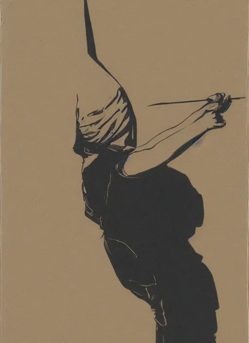 Prompt: woman flying with a paper bag over the head and a sward, Ben Ridgway, highly detailed