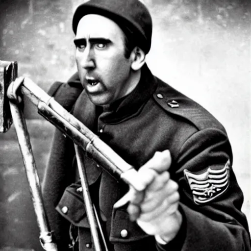 Image similar to nic cage fighting in world war one, vintage photography,