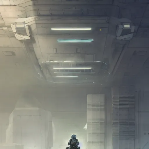 Image similar to a smiling soldier in futuristic gear, she is standing in front of a concrete wall, scifi art, dramatic lighting, illustration by Greg rutkowski, yoji shinkawa, 4k, digital art, concept art, trending on artstation