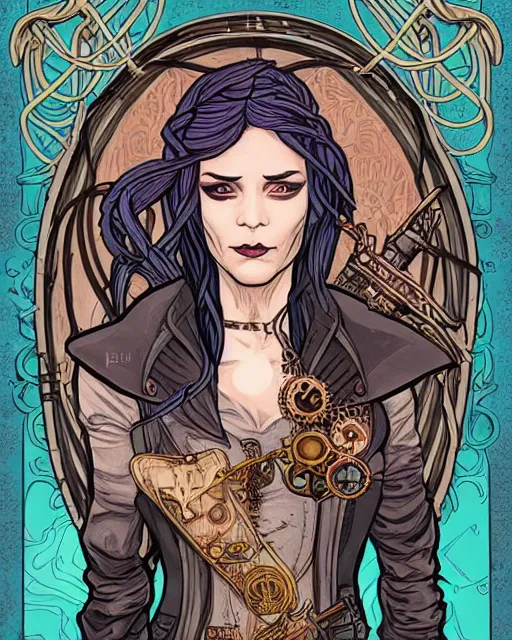 Image similar to a detailed portrait illustration of a steampunk rogue - mage. beautiful transgender face. art nouveau, pop art, comic book style. influenced by neil gaiman, h. p. lovecraft, dan mumford, brian froud, vadim voitekhovitch, killian eng, ross tran.