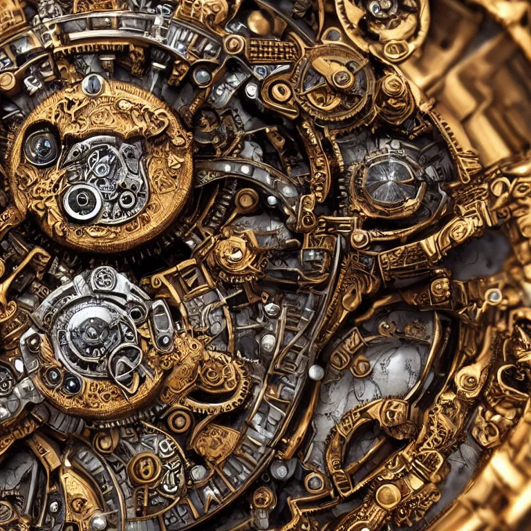 Prompt: A close up symmetric steampunk fox head with sparkling eyes made from ornate engraved full plate armor and Rolex gears and jewels and gems, macro shot by Justin Gerard, unreal engine, detailed, intricate, physically based rendering