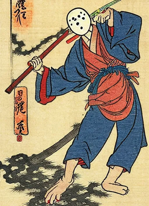 Image similar to jason voorhees as a yokai illustrated by kawanabe kyosai and toriyama sekien