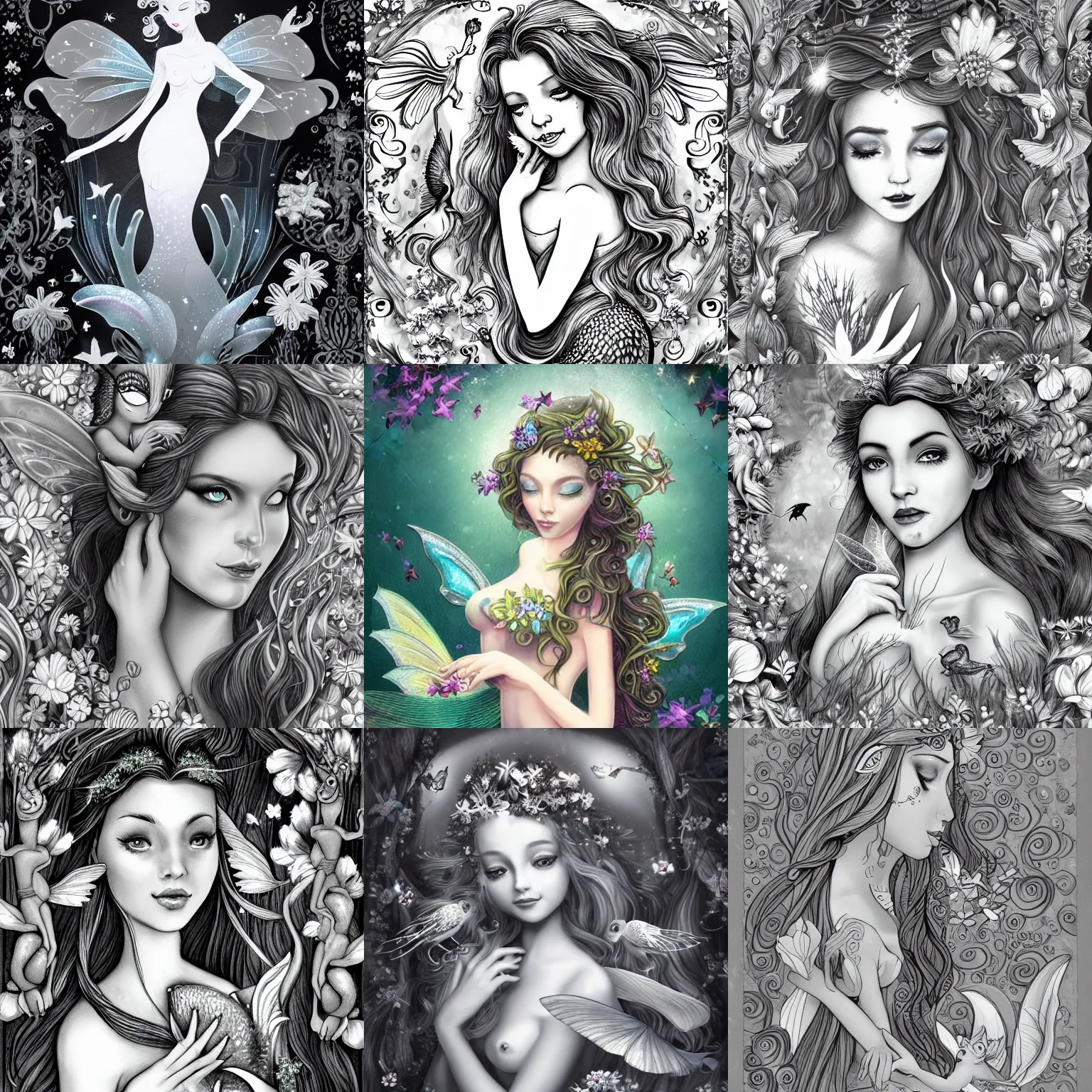 Prompt: magical illustration of ethereal fantasy creature, beautiful fairie, mermaid, female portrait with flowers, whimsical big - eyed character accompanied by animals and birds, light greyscale, directed by walt disney