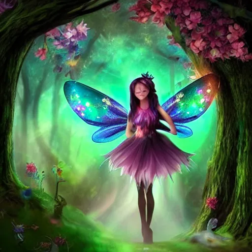 Prompt: macabre fairy princess with galaxy wings residing in a deep dark forest grove, beautiful colorful pretty artistic 4 k artstation trending dynamic dramatic lighting realistic floral garden blooming flowers high contrast light and dark magnificent