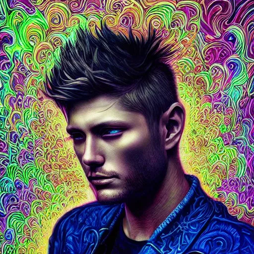 Image similar to portrait of jensen ackles, hyper detailed masterpiece, neon floral pattern, jean giraud, digital art painting, darkwave goth aesthetic, psychedelic, artgerm, donato giancola and tom bagshaw