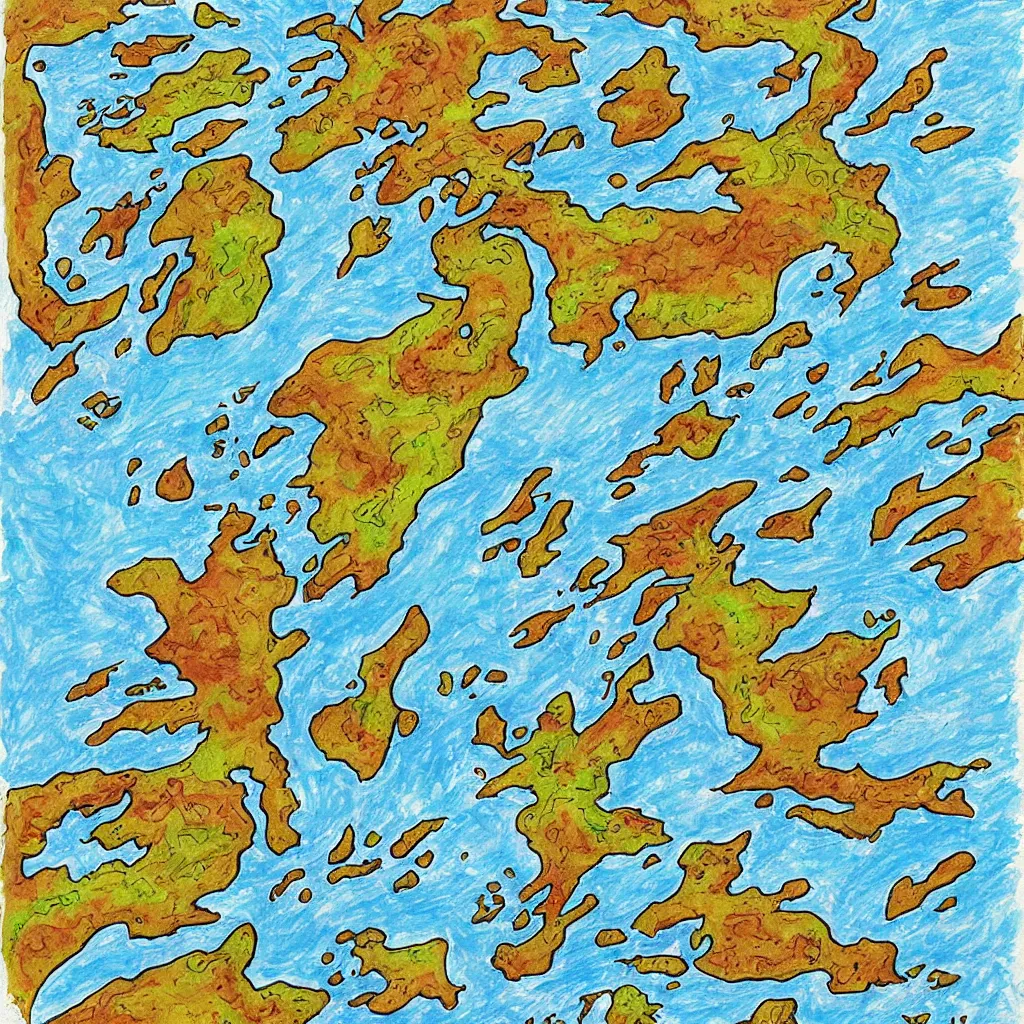 Image similar to fantasy map, art by allixander maps, acrylic drawing, fantasy, world, bright, clear, simple, sharpened