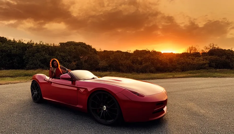 Image similar to a black woman sitting on a red sports car looking at the sunset, golden hour, cinematic, establishing shot