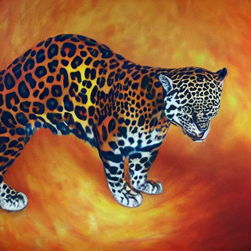 Image similar to the painting of a shaman turning into a jaguar 4 k render