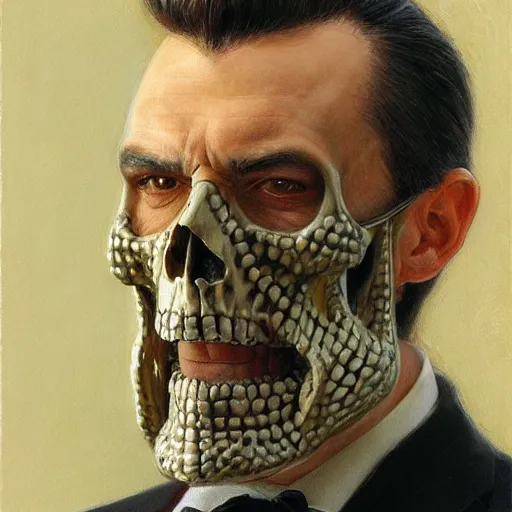 Prompt: frontal portrait of a dapper man with a skull mask, by donato giancola.