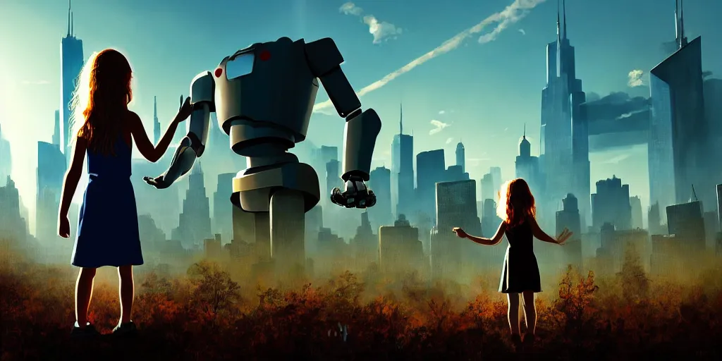 Prompt: sci - fi scene future new york cityscape, orphaned girl in manhattan holding the outstretched hand of an iron giant robot, forest punk, crepuscular rays, epic scene, hyper realistic, photo realistic, overgrowth, cinematic atmosphere, ethereal lighting,