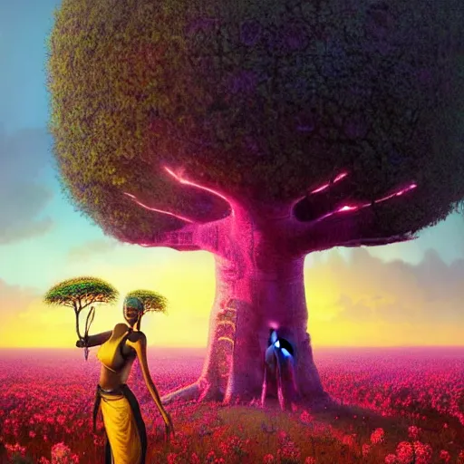 Prompt: an african cyberpunk hacker girl with her headset plugged into a giant glowing baobab tree in the middle of a field of flowers at sunset, by greg rutkowski and android jones in a surreal portrait style, oil on canvas, 8k hd, synthwave colors!!