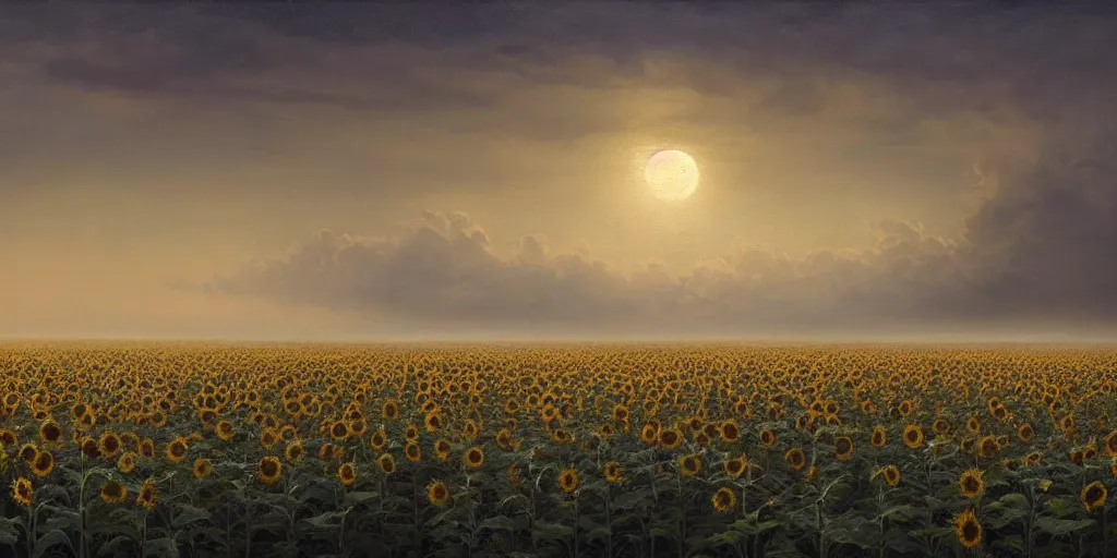 Image similar to A hyper realistic oil painting of a sunflower field at night, gentle light of the moon, high contrast, clouds in the sky, mist in the distance, by Greg Rutkowski, trending on artstation